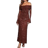 Colysmo Women Long Sleeve Mesh Off Shoulder Bodycon Maxi Dress Formal Wedding Guest Fall Dresses for Women 2025