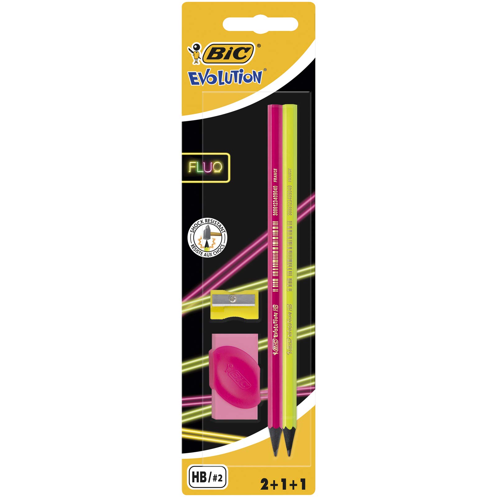 Evolution Fluo Graphite Pencil, Blister of Two Pencils with Sharpener & Eraser