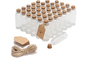 BETROME 50 Pcs 20ml Mini Glass Bottles with Cork Stoppers, 29x64mm DIY Decoration Tiny Glass Jars, Mini Vials Cork, Message Wishing Bottle with Label Tags and String for Arts Crafts, Decoration, Party Favors