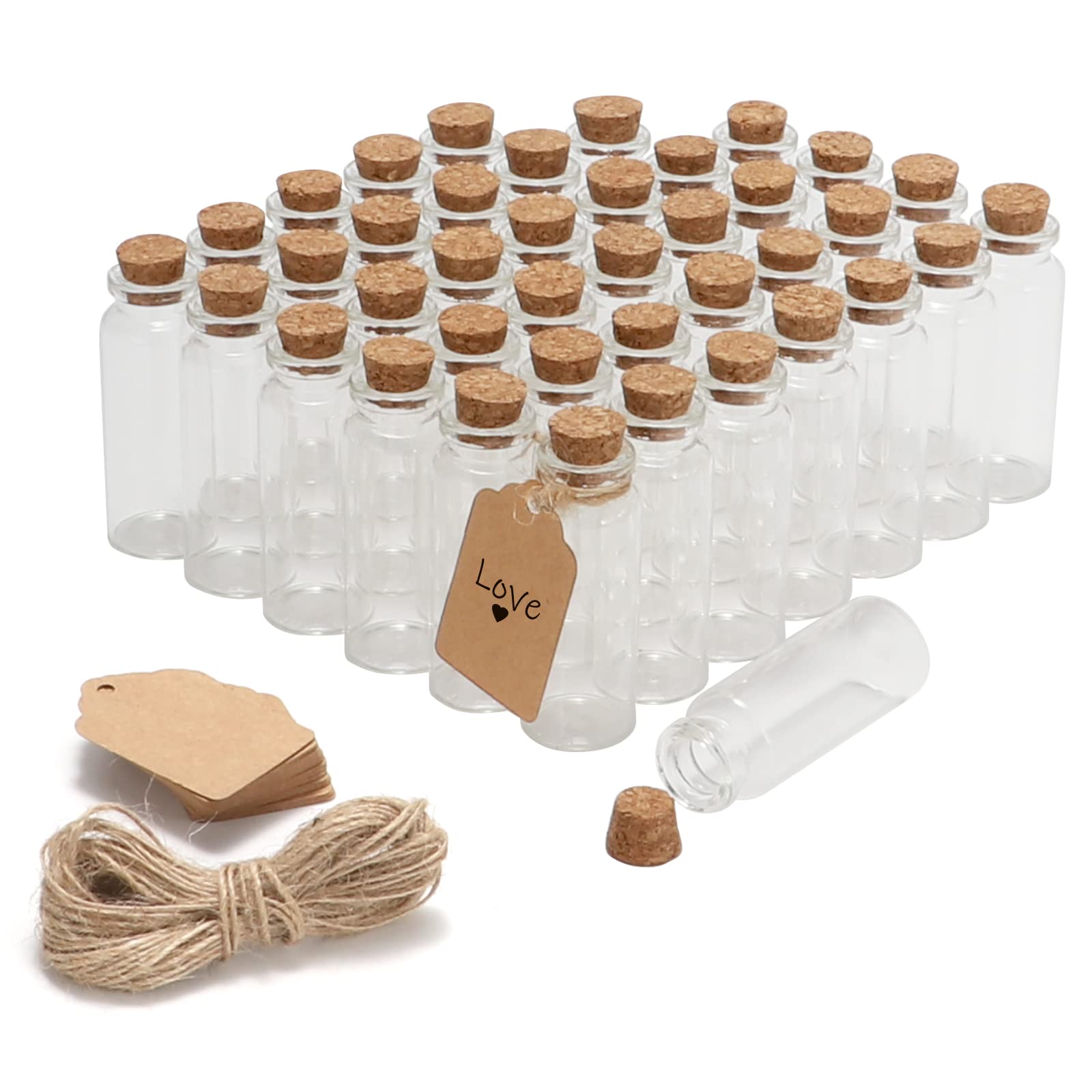 Photo 1 of 50 Pcs 20ml Mini Glass Bottles with Cork Stoppers, 29x64mm DIY Decoration Tiny Glass Jars, Mini Vials Cork, Message Wishing Bottle with Label Tags and String for Arts Crafts, Decoration, Party Favors