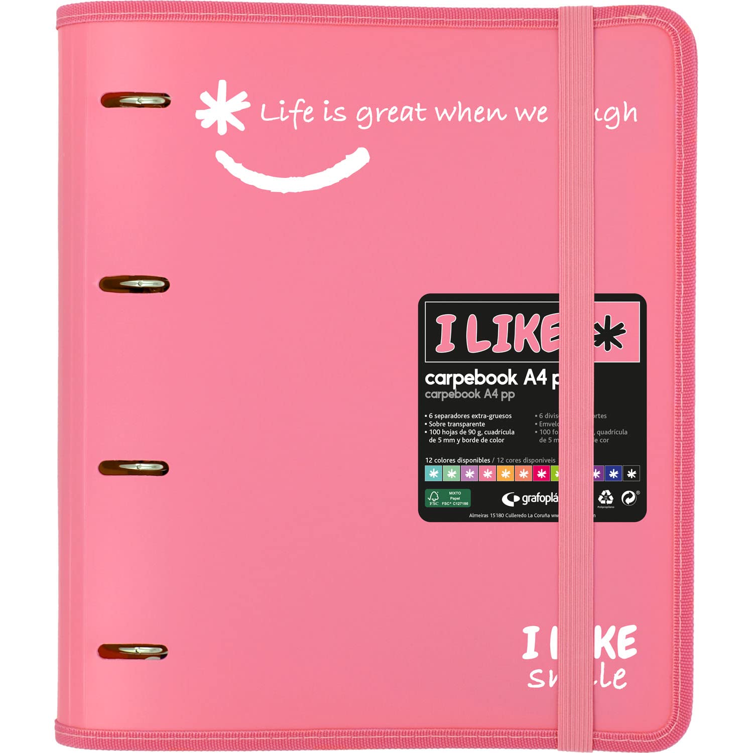 Grafoplás 88101853. 4 Die-Cut Ring Binder with Refill, A4, Light Pink, Semi-Rigid Polypropylene, Includes Dividers, Carpebook Like