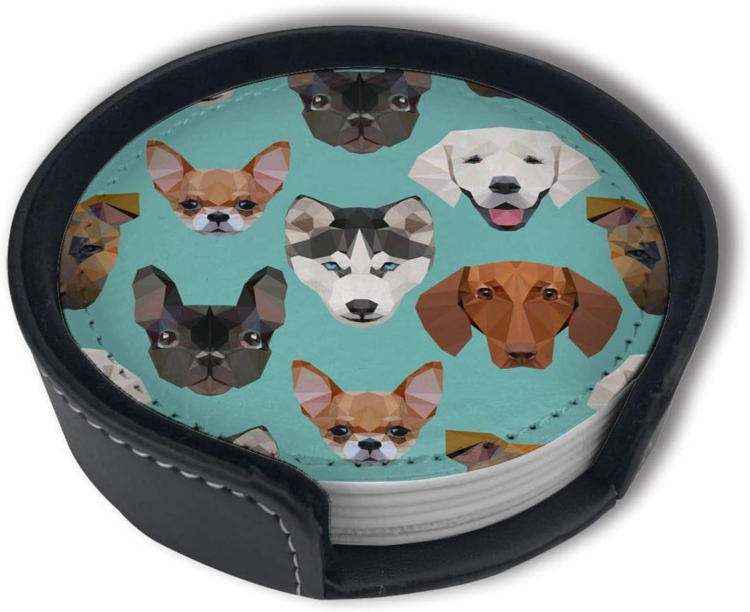 Polygonal Dogs PU Leather Coaster Set With Protective Base