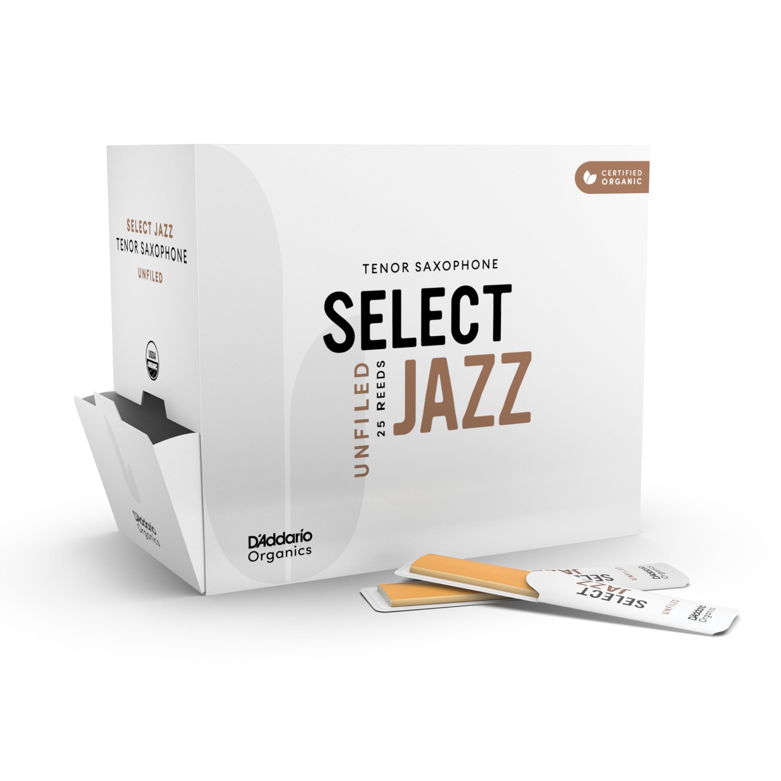 D'Addario Organic Select Jazz Unfiled Tenor Saxophone Reeds - Sax Reeds - Individually Sealed - 2 Hard, 25 Pack