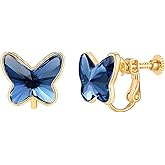 EVEVIC Austrian Crystal Butterfly Clip On Earrings for Women Adjustable Screw Back Non Pierced Earring 14K Gold Plated Hypoallergenic Jewelry