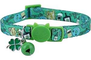 BoomBone St Patricks Day Cat Collar with Bell and Shamrocks Charm,Breakaway Small Dog Collar