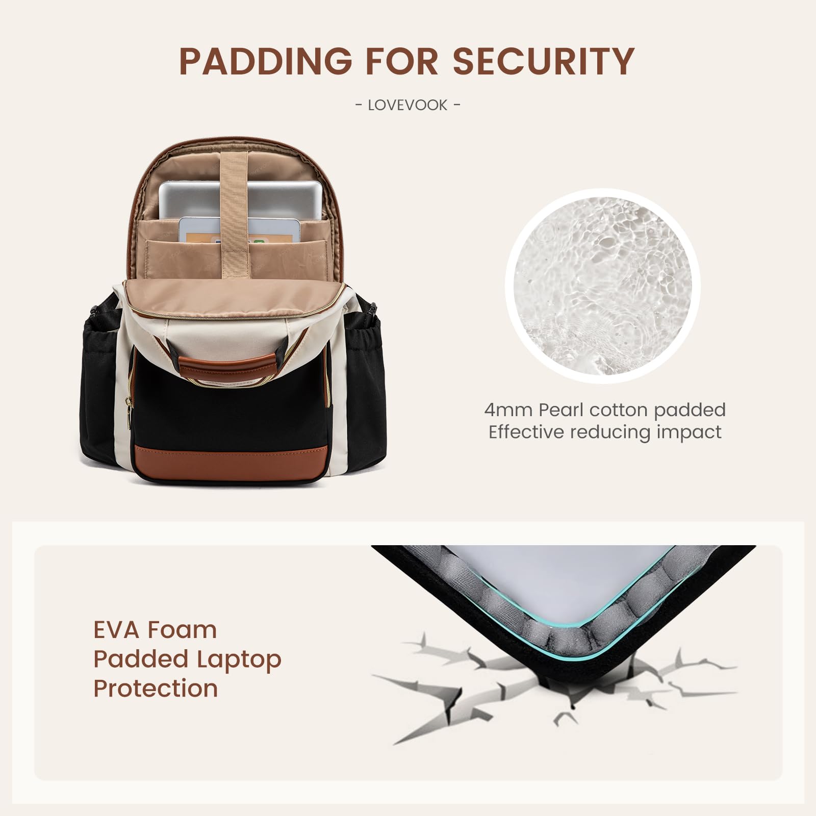 LOVEVOOK Laptop Backpack for Women with Pouch Pocket for Large Capacity Cup,15.6 Inch Laptop Computer Bag Travel Backpack Purse,Waterproof Work Business Backpack College Teacher Bags,Beige-Black-Brown