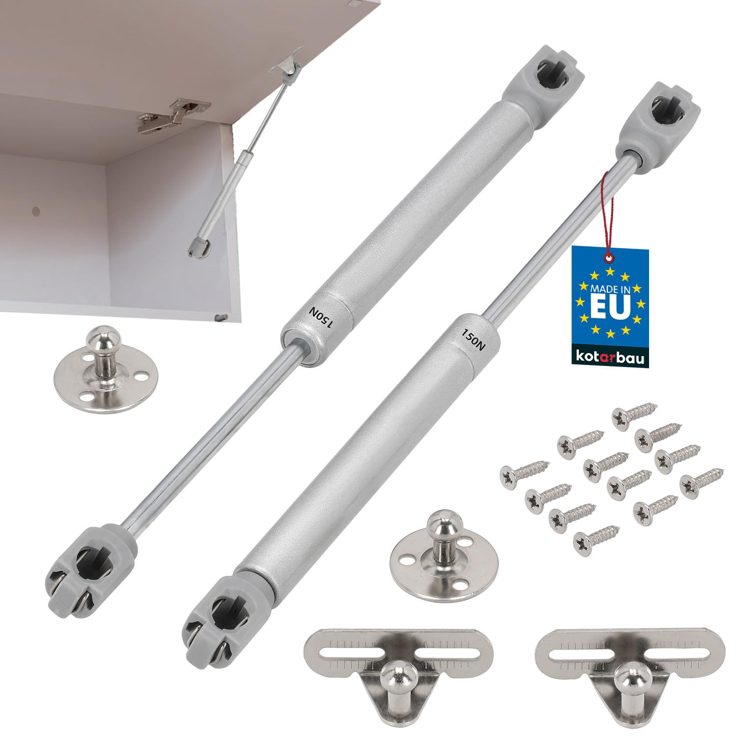 KOTARBAU® Set of 2 Steel Furniture Gas Springs, 150N, Silver, Top Mount, For Cabinet Doors & Flaps