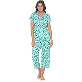Casual Nights Women's Super Soft Capri Pajamas Set, Short Sleeve Button Down Shirt with Pants PJ Set with Pockets