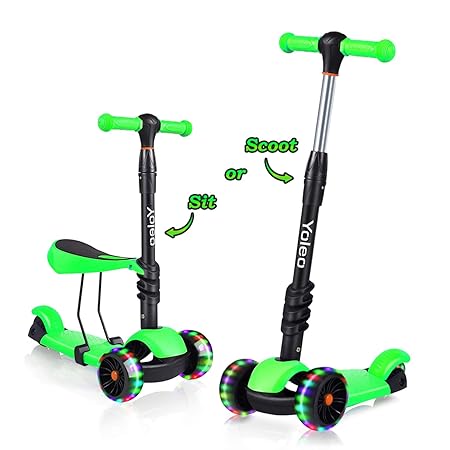 YOLEO 3-in-1 Kinder Roller Scooter mit Abnehmbarem Sitz, LED große Räder, Höheverstellbare Lenker für Kleinkinder Jungen Mädc