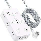 Extension Cord 10 Ft, Power Bar Surge Protector with 12 Outlets 4 USB Ports (2USB C), Large Desk Power Strip with Long Cord, 