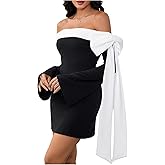 MakeMeChic Women's Off The Shoulder Bell Sleeve Mini Dress Bowknot Cocktail Party Bodycon Dresses