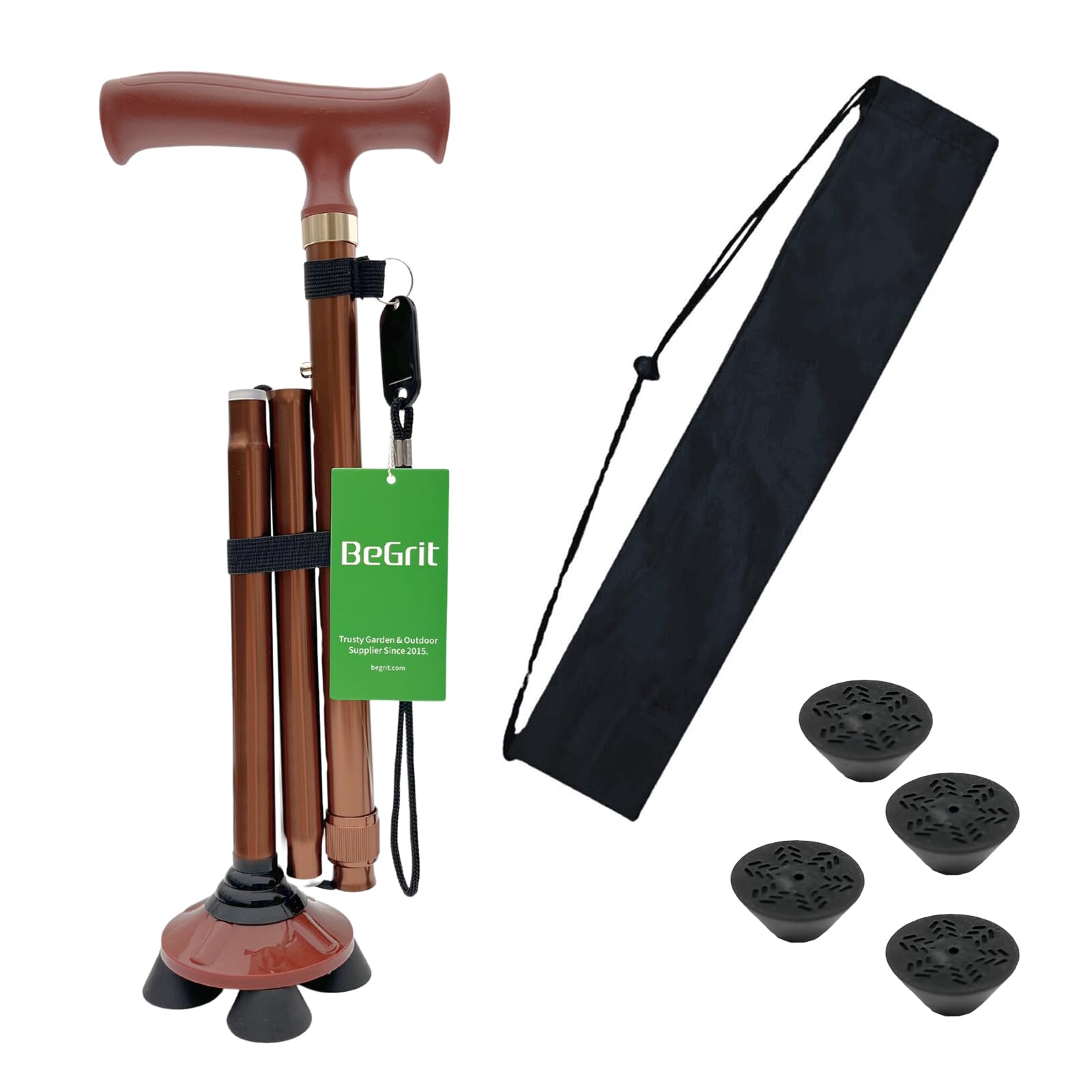 BeGrit Walking Stick for Elderly Foldable Walking Stick Durable Aluminum Adjustable Walking Cane with Quad Base Ergonomic Grip Free Standing Collapsible Walking Aid Gold for Women Men Ladies