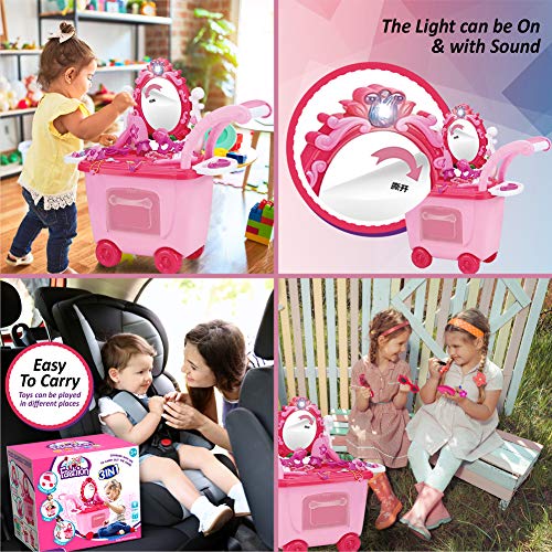 Buddynbuddies 3 in 1 Pretend Makeup & Salon Trolley, 21 PCS Pretend Dress-up Kit for Little Princess Toddler Girl, Glamour Girl Pretend Play Makeup Set for Children 3 Years Old and Up