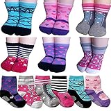 BSLINO Non-Skid Gripper Assorted 6 Pairs 12-24 Months Baby Girl Toddler Socks Anti Slip Stretch Knit Grips Cotton Shoe Socks Slippers gift+ Thank you Card (Multicolor)