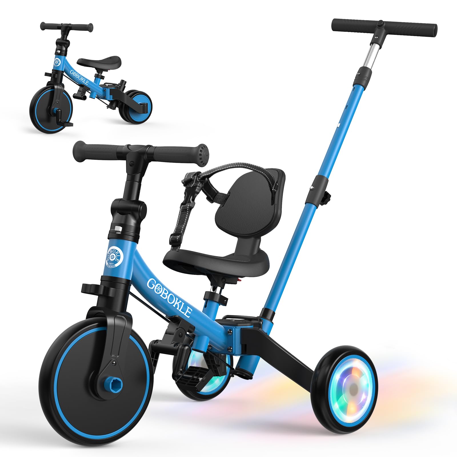 Photo 1 of GOBOKLE 5-in-1 Tricycle for Toddlers 1-3, Convertible Toddler Bike with Push Handle & Removable Pedals, Balance Bike with Colorful Lighting Wheels, Adjustable Seat Height with Backrest(Blue)