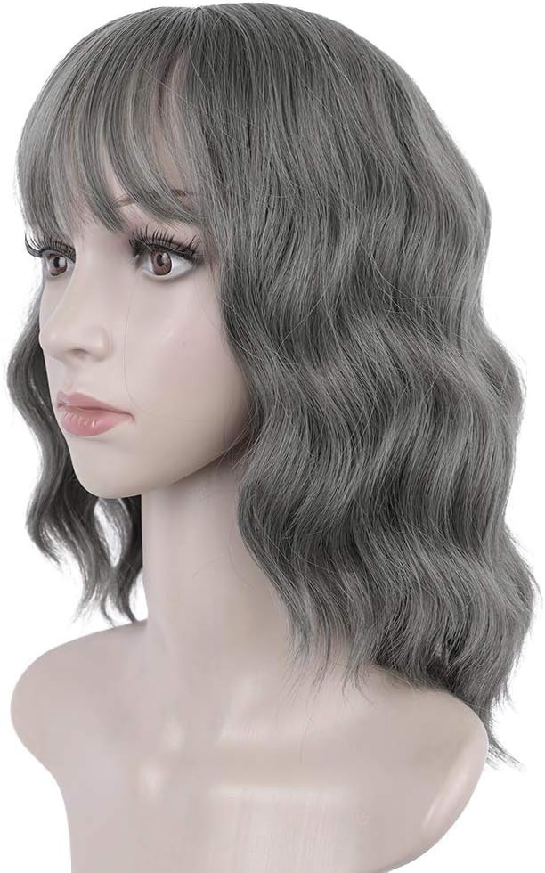PORSMEER Short Grey Salt color Wig Pastel Wavy Bob Wig with Fringe Natural Looking Synthetic Hair Wigs for Women Party Or Daily Wear 14inch,Natural Salt & Pepper Look - Image 4