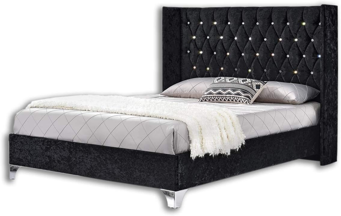Unmatchable Wing Back Bed Frame Upholstered Fabric Crushed Velvet or Chenille in Double or King Size (Black Velvet, Double)