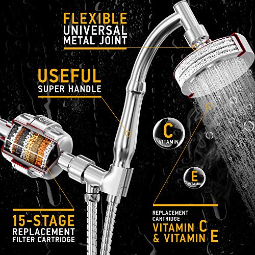 AquaHomeGroup Handheld Shower Head with Filter - 15 Stage Filtration Shower Filter for Hard Water - Vitamin C and E infused Shower Water Filter with SPA Effect - High Pressure Shower Head with Hose
