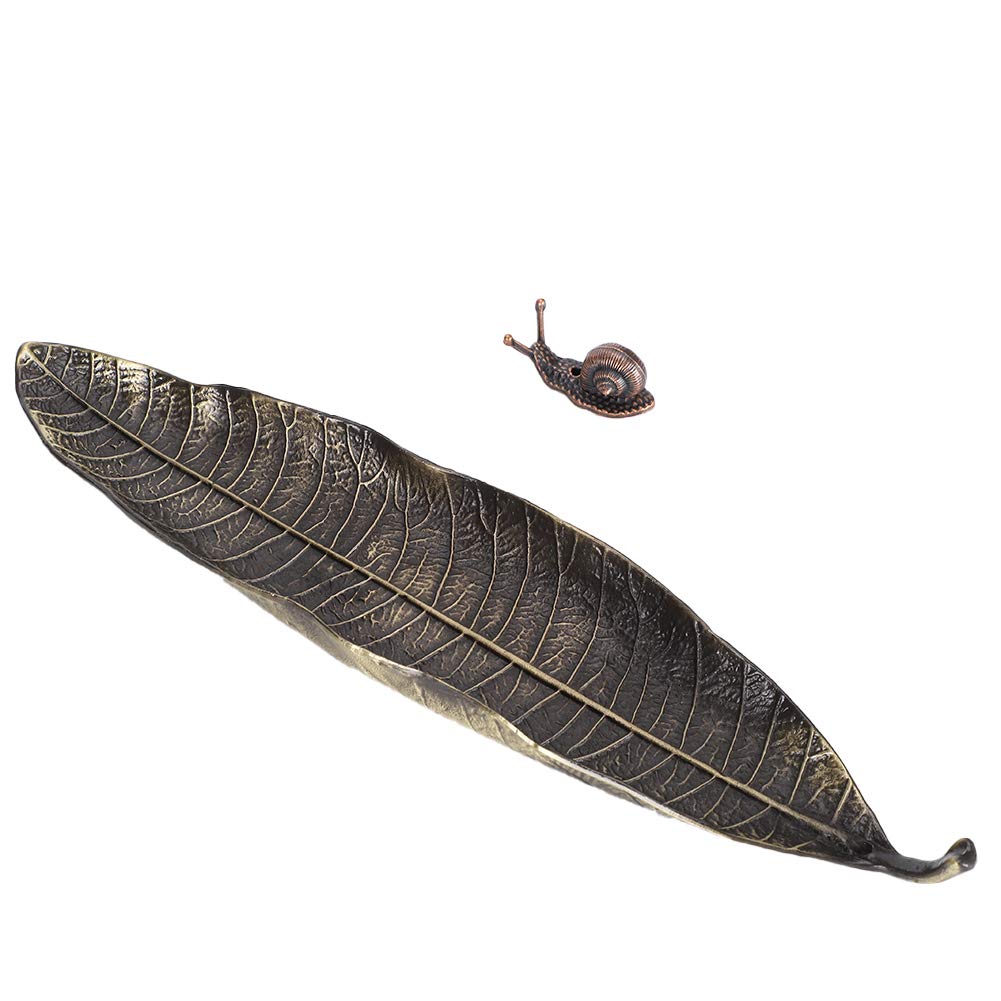 Fdit Leaf Shape Boat Incense Burner Vintage Metal Incense Stick Holder for Household Tea Room Decoration Ornaments(Bronze leaf incense stick + copper snail)