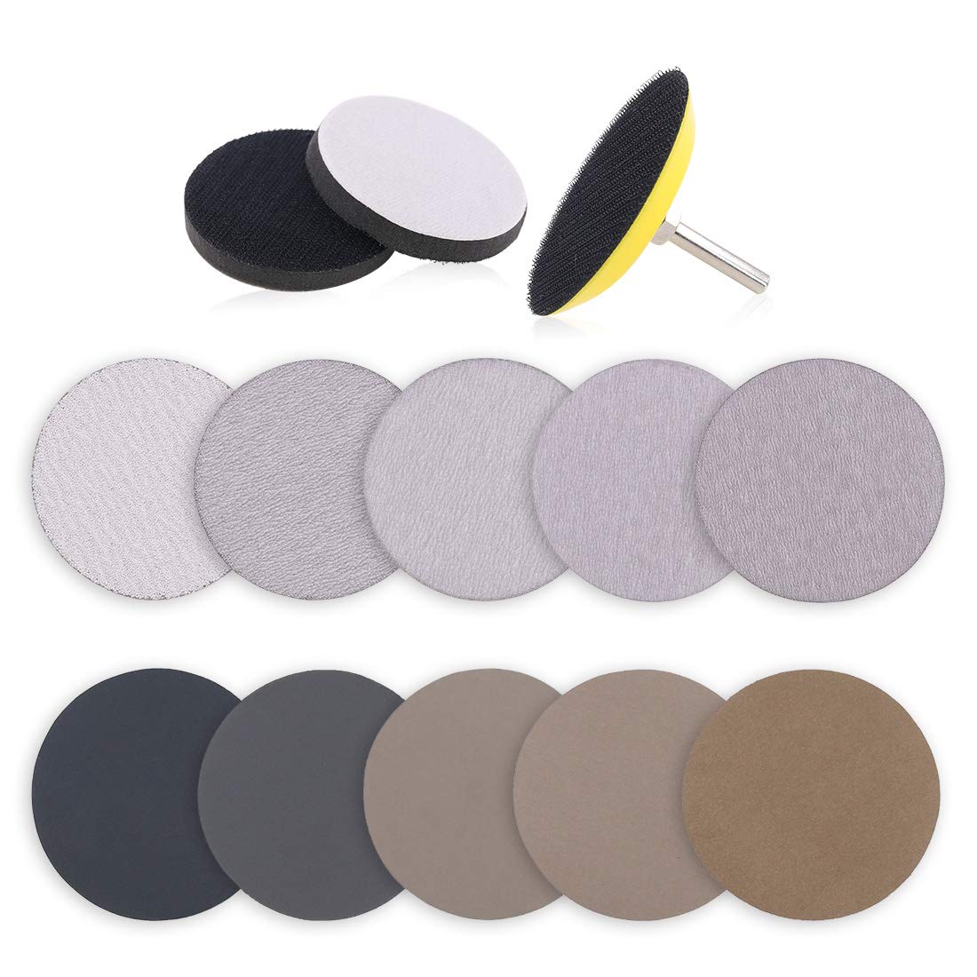 Keadic 50pcs 3 Inch Dry & Wet/Dry Sanding Discs Assortment Kit Aluminum Oxide Multiple Grits 80-7000, with 1/4 inch Shank Backing Pad and Soft Foam Buffering Pad for Hook & Loop Grinding Disc