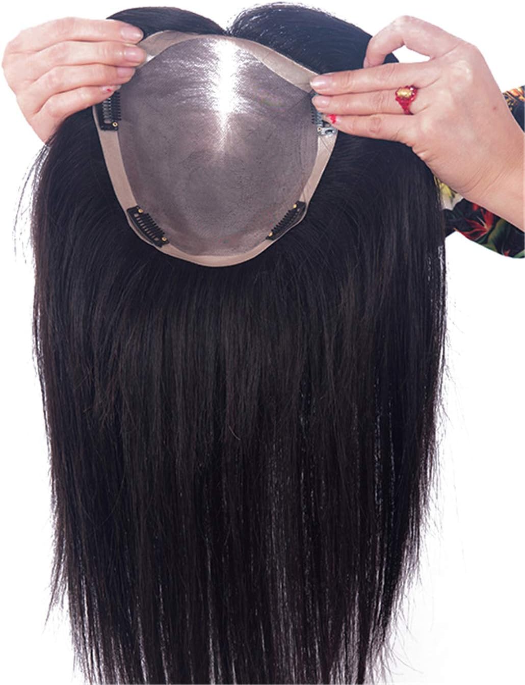 Yanamy Real Hair Toppers Clip on Lace Mono & PU Cap Wiglet Hairpieces for Women with Thinning Hair, 12" Dark Brown