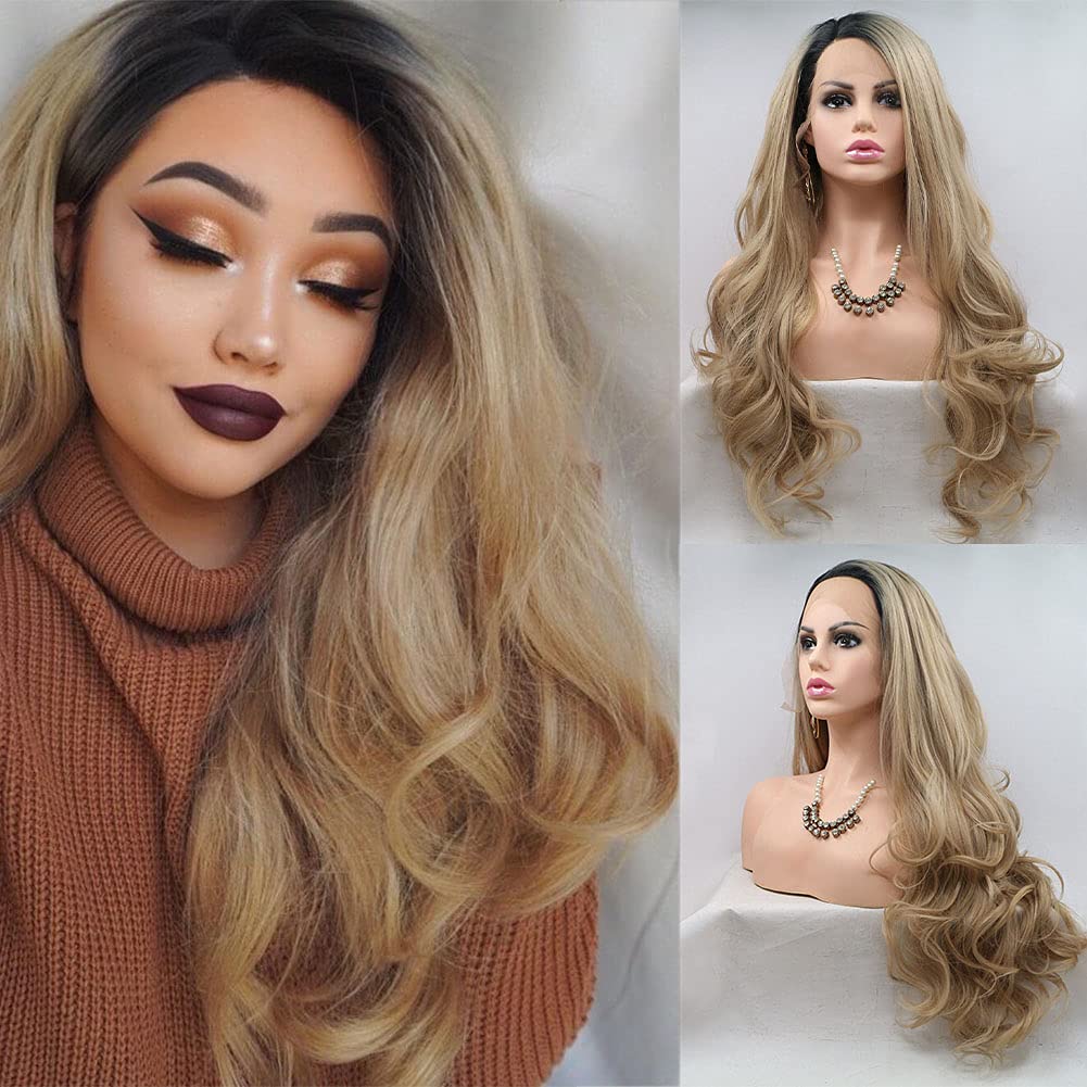 AFBeauty Omber Blonde Lace Front Wig for Women Long Wavy Ash Blonde Synthetic Wig Half Hand Tied Heat Resistant Fiber Glueless Wigs Daily Wear 24inch — image 1