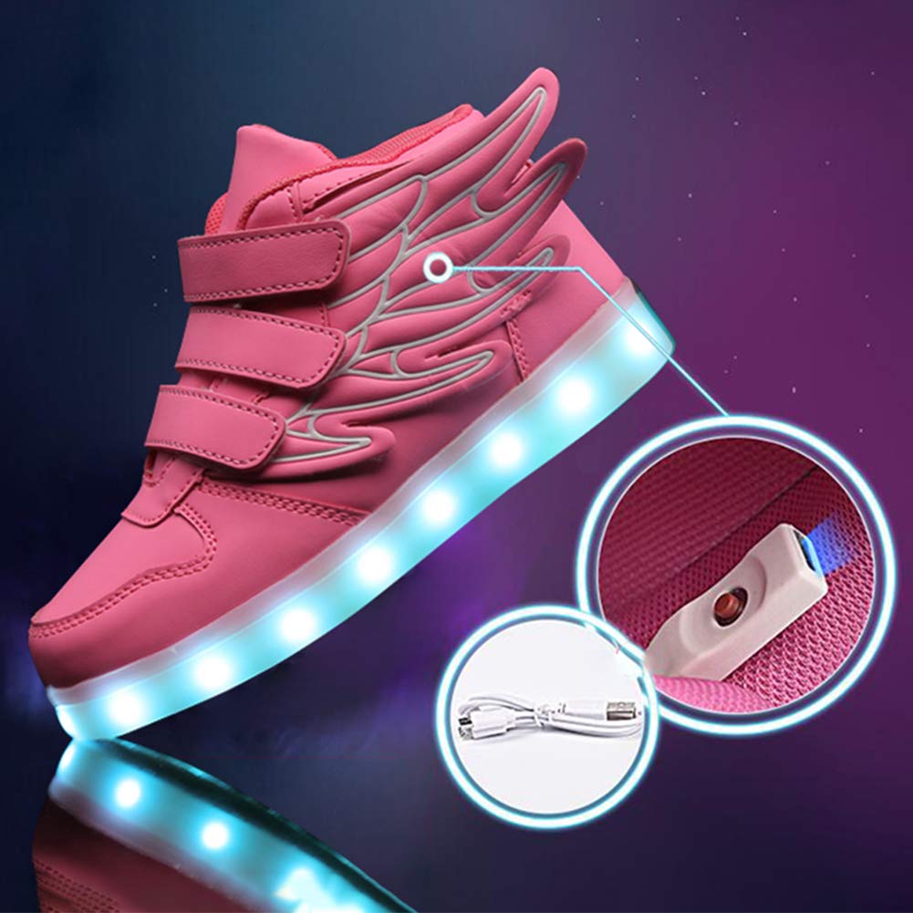 RioRand Kids Lights Up Sneakers Boys Girls Flashing Rechargeable Dance Shoes Athletic Wings Fashion High Top 7 Colors LED Shoes Rose