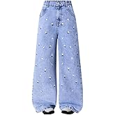 Nivne Tco Tween Girls Loose Jeans Casual Flower Embroidered Wide Leg Design Zipper Fly Denim Pants with Pockets