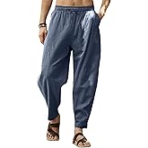 Gafeng Mens Linen Harem Pants Casual Loose Fit Beach Drawstring Elastic Waist Yoga Trousers with Pockets
