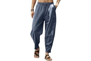 Gafeng Mens Linen Harem Pants Casual Loose Fit Beach Drawstring Elastic Waist Yoga Trousers with Pockets