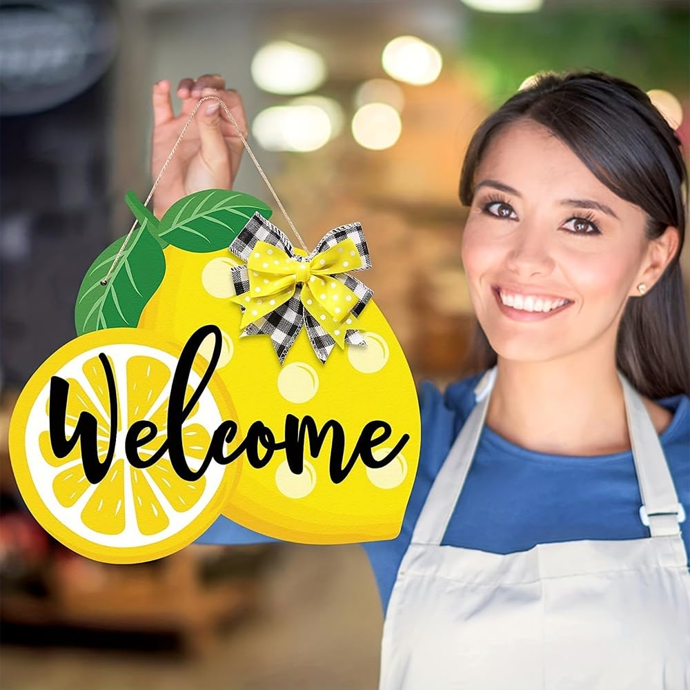 Photo 1 of Lemon Shaped Welcome Door Sign, Summer Farmhouse Wooden Hanging Decor with Buffalo Plaid Bow, Front Door Wall Art for Indoor Outdoor-7.5 * 0.16 in