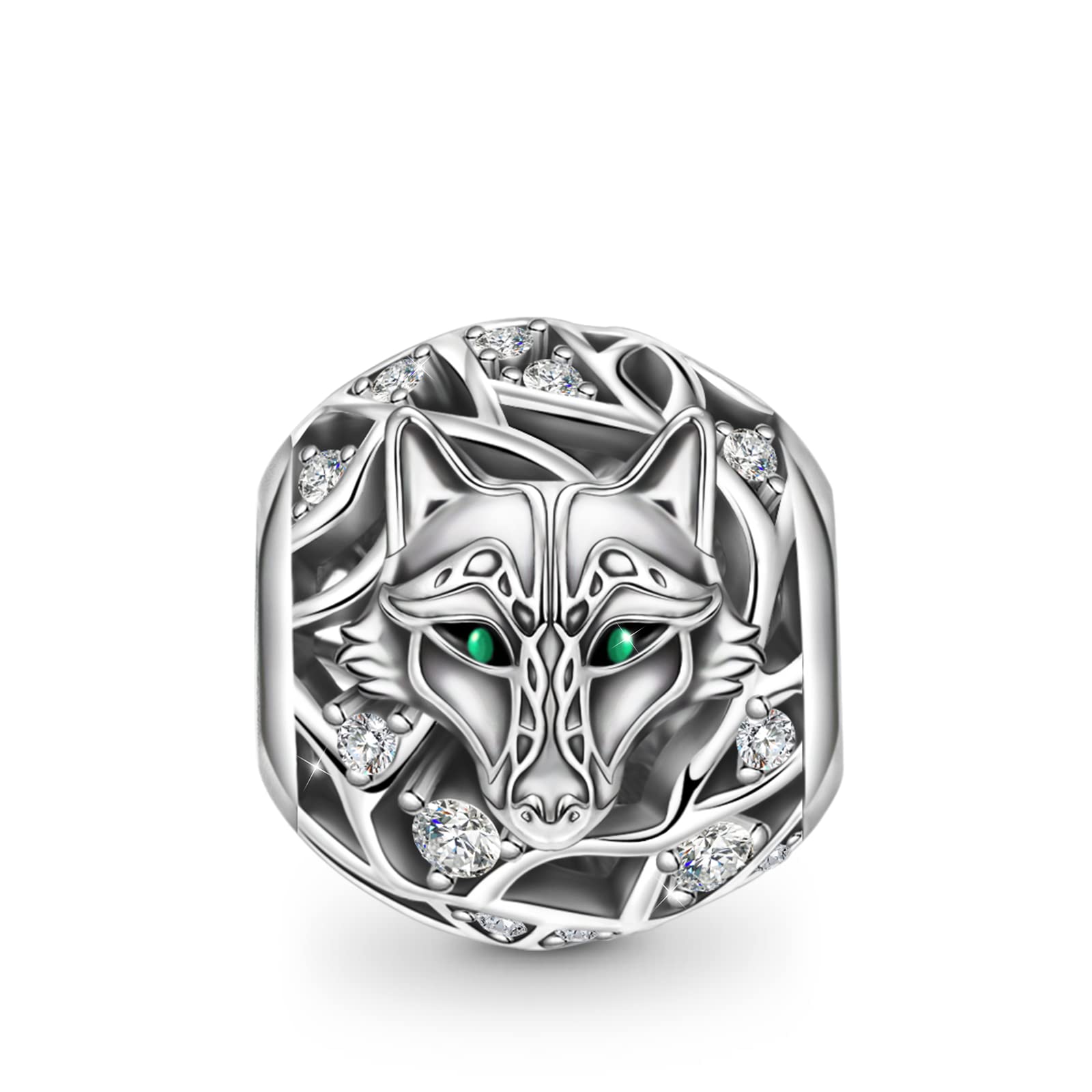GNOCE Wolf Charm Bead 925 Sterling Silver Charm Inlaid with Crystal Zircon Stones Fit Bracelet/Necklace for Women Girls Wife Daughter