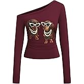 CIDER Womens One Shoulder Long Sleeve Top Funny Dog Print Casual T Shirt
