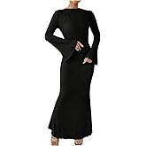 GORGLITTER Women's Bell Long Sleeve Cocktail Maxi Dress Crew Neck Bodycon Fishtail Casual Long Dresses