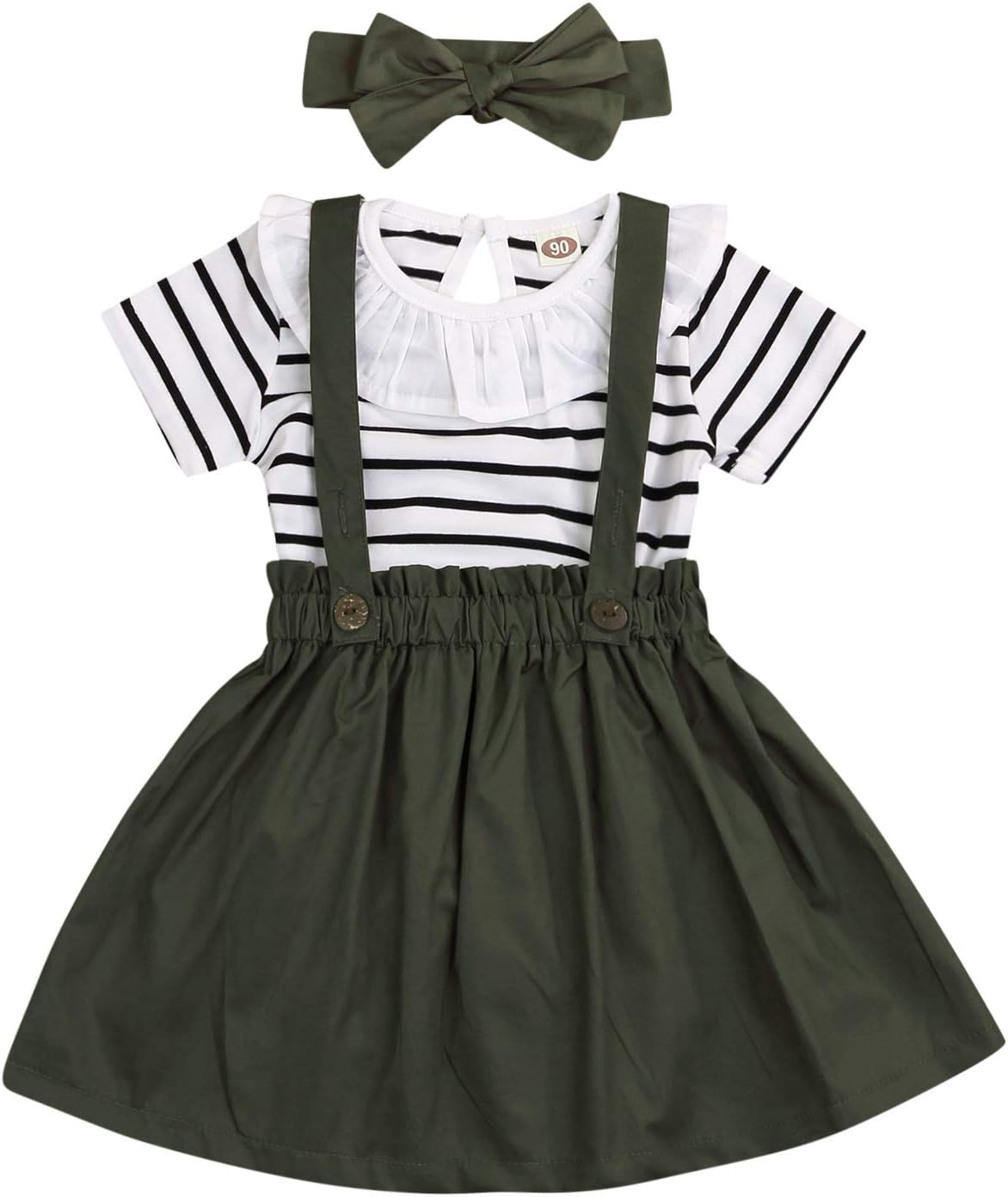 Toddler Girls 3pcs Black White Stripes Floral Ruffle Tops Jumpsuit + Suspender Skirt Set