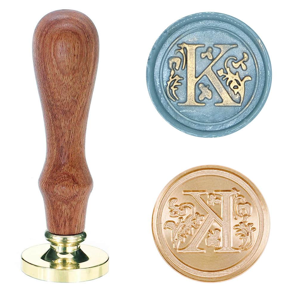 Poemluve Wax Seal Stamp Alphabe Letters K 25mm Initials Vintage Sealing Wax Stamps Brass Head with Removable Wood Handle for Scrapbooking, Wedding Invitation, Gift Wrap, Envelope (Letter K)