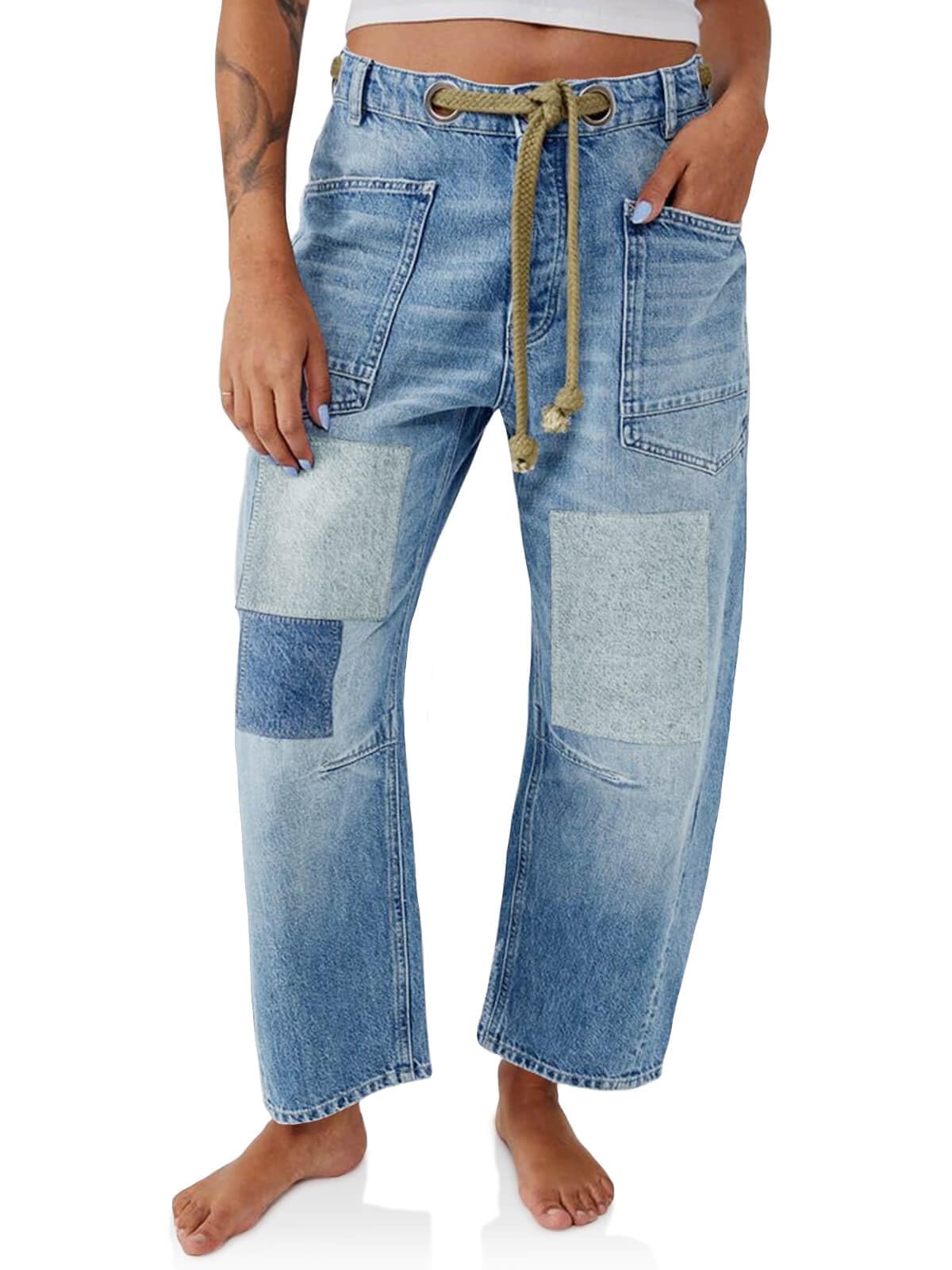Photo 1 of PLNOTME Womens Baggy Barrel Horseshoe Jeans Wide Leg Patchwork Low Rise Denim Pants with Pockets Light Blue