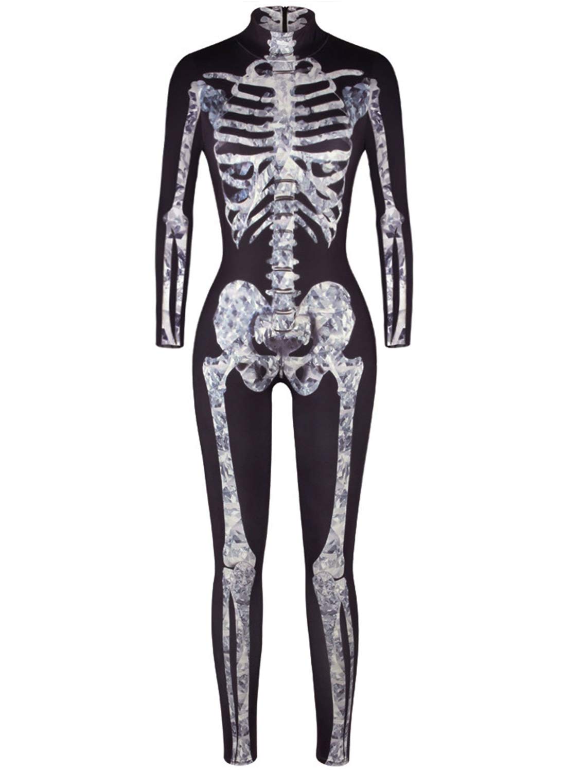 Uideazone Womens Halloween Cosplay Costume 3D Print Skull Skeleton Bodysuits Stretch Skinny Catsuit Overall Jumpsuit