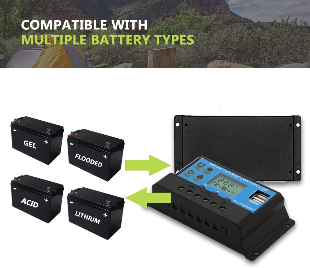 ALLPOWERS 20A Solar Charger Controller Solar Panel Battery Intelligent Regulator with USB Port Display 12V/24V : Garden & Outdoor