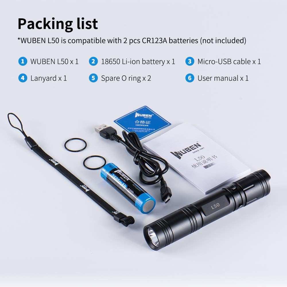 WUBEN 1200 Lumens LED Flashlight USB Rechargeable (18650 Battery Included) IP68 Waterproof Ultra Bright Tactical Flash light Torch 5 Lighting Modes for Outdoor Camping Hiking Cycling - - 