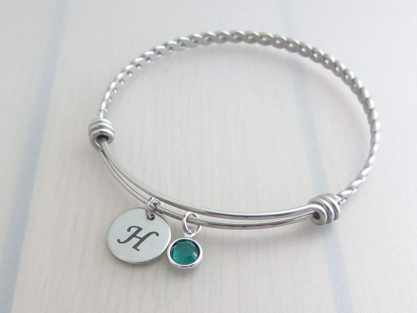 Personalised Birthstone Crystal Initial Letter Charm Stainless Steel Bangle