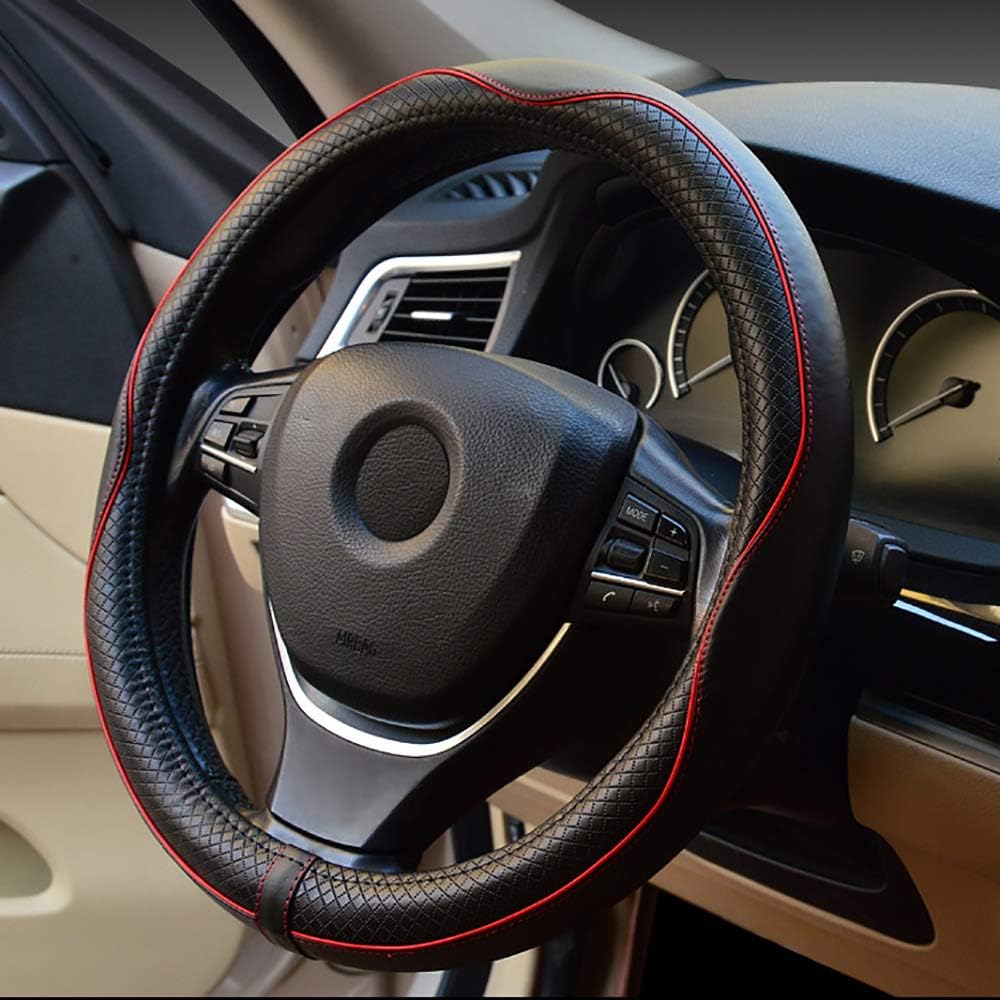 Valleycomfy 15.75 inch Auto Car Steering Wheel Covers Black with Red Lines- Genuine Leather for F-150 Tundra Range Rover.: Automotive