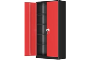 Greenvelly Metal Garage Storage Cabinet with Lock, 72”Metal Storage Cabinet with 2 Doors and 4 Adjustable Shelves, Steel Tool Cabinet for Garage,Home Office, School,Gym (Black Red)