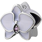 LAMOONY Orchid with Cz Stone and Enamel Charm 925 Sterling Silver Flower Charm Lucky Charm for DIY Charms Bracelet