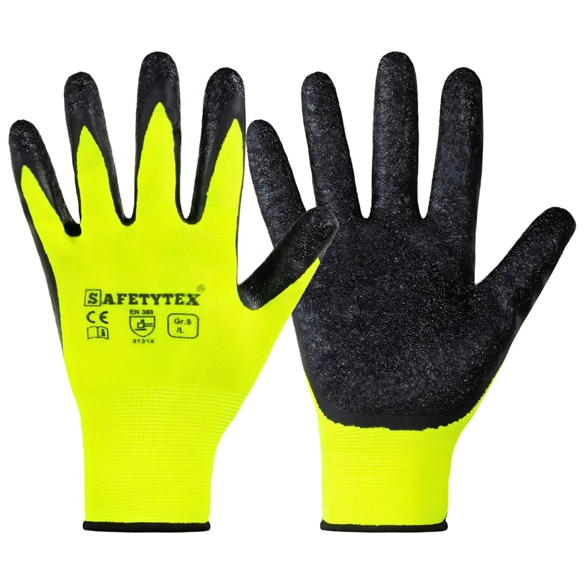 Safetytex 24 Paar Arbeitshandschuhe - Montagehandschuhe mit Latex Beschichtung - neongelbe Handschuhe - Schutzhandschuhe für Haus, Garten, Industrie und Handwerk - Größe 11