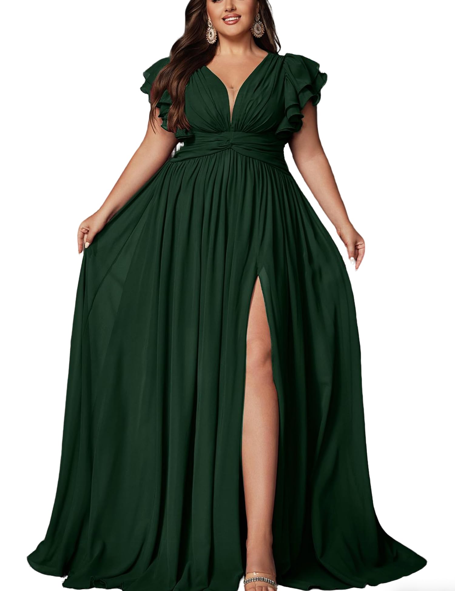 Photo 1 of VOUIAO Women's Plus Size Bridesmaid Dresses Chiffon Wedding Guest Summer Maxi Dress Elegant Prom Evening Party Cocktail Gown Dark Green 0XL