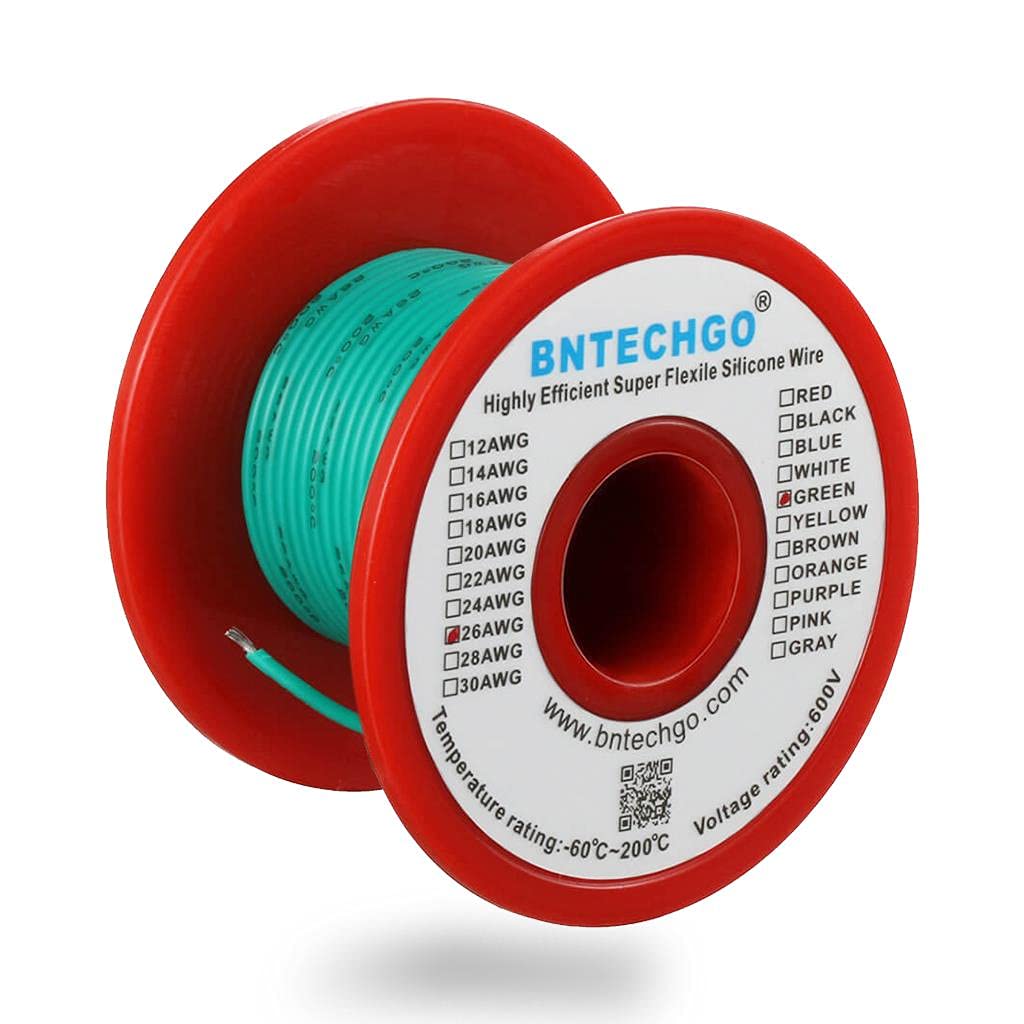 BNTECHGO 26 Gauge Silicone Wire Spool Green 100 ft Ultra Flexible High Temp 200 deg C 600V 26 AWG Silicone Rubber Wire 30 Strands of Tinned Copper Wire Stranded Wire for Model Low Impedance