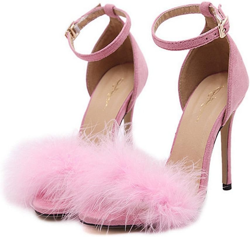 Women's Open Toe Ankle Strap Stiletto High Heel Sandals Sexy Fluffy Feather Party Dress Pump