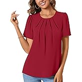 ALIGADUO Womens Summer Basic Chiffon Blouse Pleated Crewneck Shirts Casual Trendy Tops