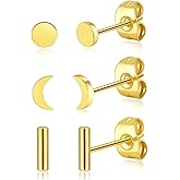 BLISI 3 Pairs Titanium Gold Stud Earrings - Hypoallergenic Moon/Heart/Ball/Bar/Flat Disc Small Studs Earrings for Women Minimalist Silver Nap Earrings Tarnish Resistant Earrings